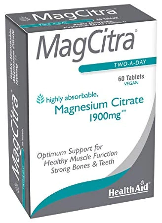 Health Aid Magcitra (Magnesium Citrate) 60 Tablets Kuwait هيلث ايد ماغسيترا (ماغنسيوم سيترات ) المنتال 1900 ملغ 60 قرص الكويت