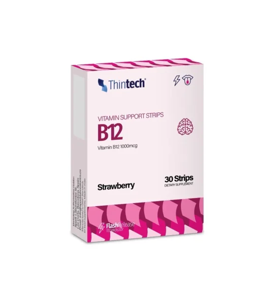 Thintech B12 30 strips Strawberry Flavor For Nervous System Kuwait ثينتيك فيتامين ب12 بطعم الفراولة لتقوية الاعصاب 30 شريط الكويت