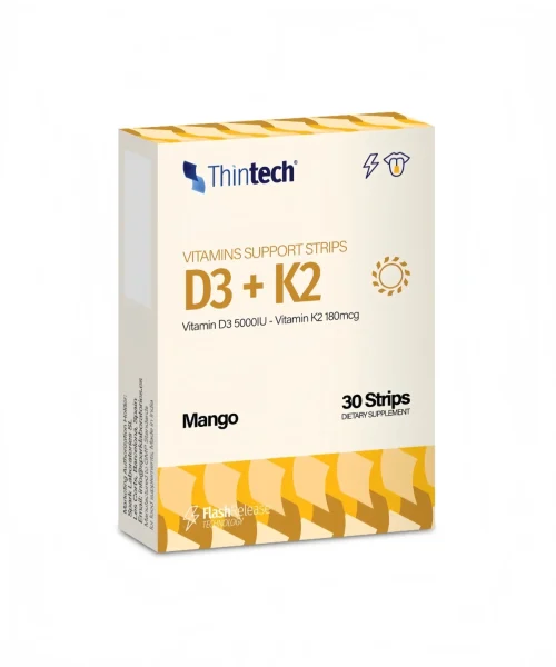 Thintech D3 + K2 30 strips Mango Flavor For Bones' Health Kuwait ثينتيك فيتامين د3 + ك2 30 شريط بطعم المانجو لصحة العظام الكويت