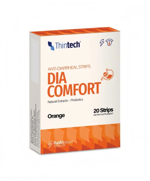 Thintech Dia Comfort 20 strips Orange Flavor For Diarrhea Kuwait ثينتيك ديا كومفورت 20 شريط بطعم البرتقال لتخفيف الاسهال الكويت