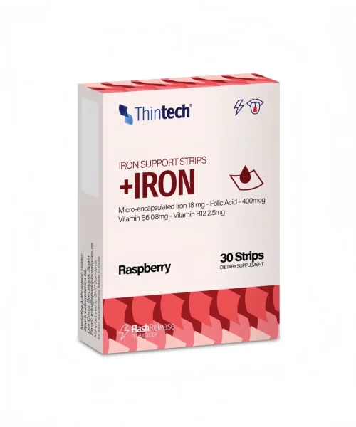 Thintech +Iron 30 strips Raspberry Flavor to maintain hemoglobin levels Kuwait ثينتيك حديد 30 شريط بطعم التوت الكويت